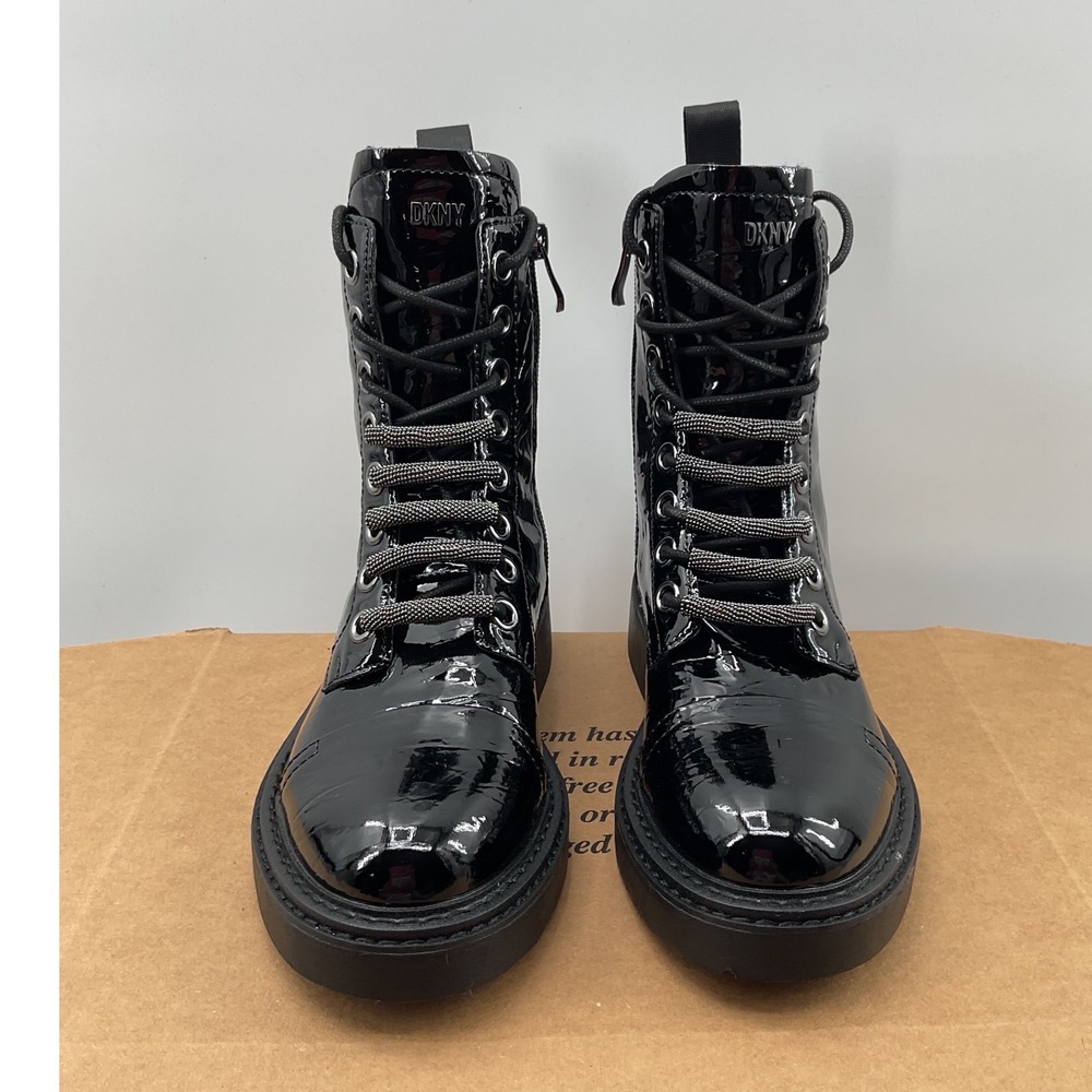 DKNY Womens Black Patent Combat Boots Lug Sole Zip Up Cap Toe K1268615